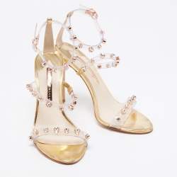 Pre Owned Sophia Webster Metallic Gold PVC And Leather Rosalind Crystal Embellished Ankle Strap Sandals Size 39.5