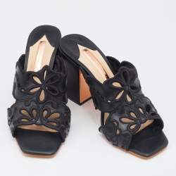 Pre Owned Sophia Webster Black Leather And Lace Embroidery Laser Cut Block Heel Sandals Size 39