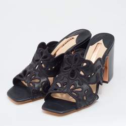 Pre Owned Sophia Webster Black Leather And Lace Embroidery Laser Cut Block Heel Sandals Size 39