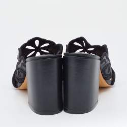 Pre Owned Sophia Webster Black Leather And Lace Embroidery Laser Cut Block Heel Sandals Size 39