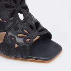 Pre Owned Sophia Webster Black Leather And Lace Embroidery Laser Cut Block Heel Sandals Size 39