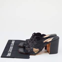 Pre Owned Sophia Webster Black Leather And Lace Embroidery Laser Cut Block Heel Sandals Size 39