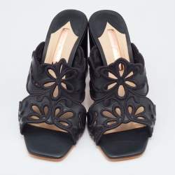 Pre Owned Sophia Webster Black Leather And Lace Embroidery Laser Cut Block Heel Sandals Size 39