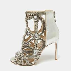 Pre Owned Sophia Webster Silver Fabric and Leather Crystal Embellished Iridessa Caged Booties Size 36