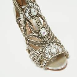 Pre Owned Sophia Webster Silver Fabric and Leather Crystal Embellished Iridessa Caged Booties Size 36