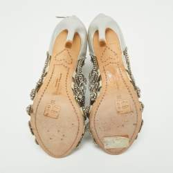 Pre Owned Sophia Webster Silver Fabric and Leather Crystal Embellished Iridessa Caged Booties Size 36