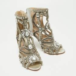 Pre Owned Sophia Webster Silver Fabric and Leather Crystal Embellished Iridessa Caged Booties Size 36