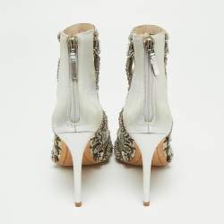 Pre Owned Sophia Webster Silver Fabric and Leather Crystal Embellished Iridessa Caged Booties Size 36