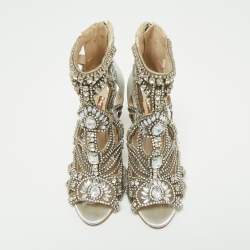 Pre Owned Sophia Webster Silver Fabric and Leather Crystal Embellished Iridessa Caged Booties Size 36