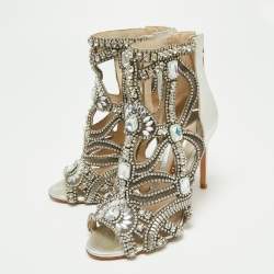 Pre Owned Sophia Webster Silver Fabric and Leather Crystal Embellished Iridessa Caged Booties Size 36