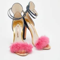 Pre Owned Sophia Webster Multicolor Ostrich Leather And Rabbit Fur Detail Nicole Sandals Size 37.5