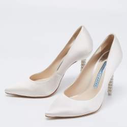 Pre Owned Sophia Webster White Satin Coco Crystal Embellished Heel Pumps Size 35