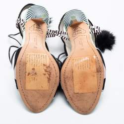 Pre Owned Sophia Webster Multicolor Patent Leather And Rabbit Fur Pom Pom Ankle Tie Up Sandals Size 39