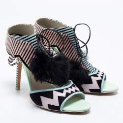 Pre Owned Sophia Webster Multicolor Patent Leather And Rabbit Fur Pom Pom Ankle Tie Up Sandals Size 39
