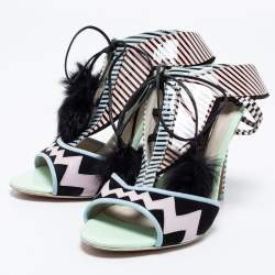 Pre Owned Sophia Webster Multicolor Patent Leather And Rabbit Fur Pom Pom Ankle Tie Up Sandals Size 39