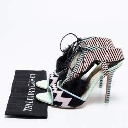 Pre Owned Sophia Webster Multicolor Patent Leather And Rabbit Fur Pom Pom Ankle Tie Up Sandals Size 39