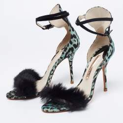 Sophia Webster Multicolor Leopard Print Jacquard and Fur-trimmed Sandals Size 38.5
