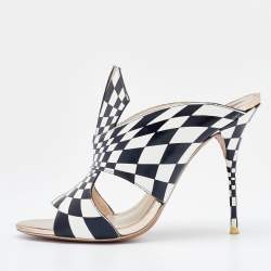 Sophia Webster White/Black Check Print Leather Slide Sandals Size 39