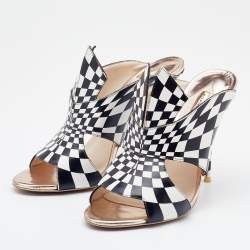 Sophia Webster White/Black Check Print Leather Slide Sandals Size 39
