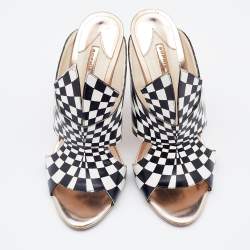 Sophia Webster White/Black Check Print Leather Slide Sandals Size 39