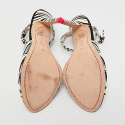Sophia Webster White/Black Leather and Suede Flamingo T Bar Ankle Strap Sandals Size 39