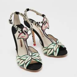 Sophia Webster White/Black Leather and Suede Flamingo T Bar Ankle Strap Sandals Size 39