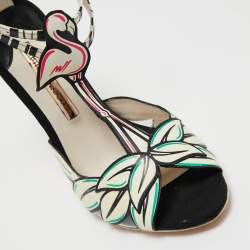 Sophia Webster White/Black Leather and Suede Flamingo T Bar Ankle Strap Sandals Size 39