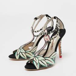 Sophia Webster White/Black Leather and Suede Flamingo T Bar Ankle Strap Sandals Size 39