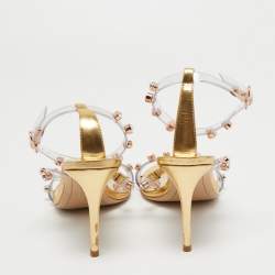 Sophia Webster White/Gold  Leather And PVC Crystal Embellished Ankle Strap Sandals Size 40