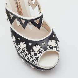 Sophia Webster Black/White Woven Raffia and Leather Platform Ankle Strap Sandals Size 36
