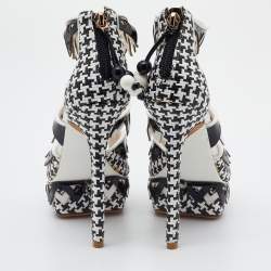 Sophia Webster Black/White Woven Raffia and Leather Platform Ankle Strap Sandals Size 36