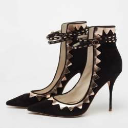 Pre Owned Sophia Webster Black/Gold Leather and Suede Electra Ankle Strap Pumps Size 40