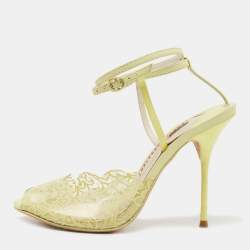 Sophia Webster Yellow Leather and Lace Print PVC Peep Toe Ankle Strap Sandals Size 37