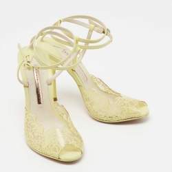 Sophia Webster Yellow Leather and Lace Print PVC Peep Toe Ankle Strap Sandals Size 37