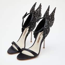 Pre Owned Sophia Webster Black Satin Crystal Embellished Evangeline Ankle Strap Sandals Size 39.5