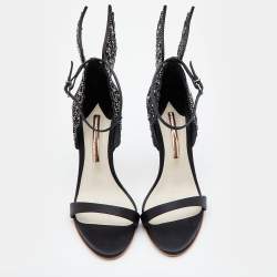 Pre Owned Sophia Webster Black Satin Crystal Embellished Evangeline Ankle Strap Sandals Size 39.5