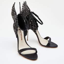 Pre Owned Sophia Webster Black Satin Crystal Embellished Evangeline Ankle Strap Sandals Size 39.5