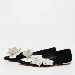 Pre Owned Sophia Webster Black/White Suede and Leather Floral Applique Ballet Flats Size 37