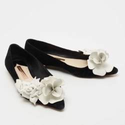 Pre Owned Sophia Webster Black/White Suede and Leather Floral Applique Ballet Flats Size 37
