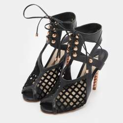 Sophia Webster Black Suede and Leather Jetta Ankle Tie Up Peep Toe Sandals Size 36.5