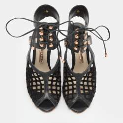 Sophia Webster Black Suede and Leather Jetta Ankle Tie Up Peep Toe Sandals Size 36.5