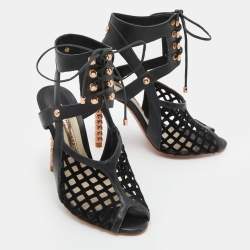Sophia Webster Black Suede and Leather Jetta Ankle Tie Up Peep Toe Sandals Size 36.5
