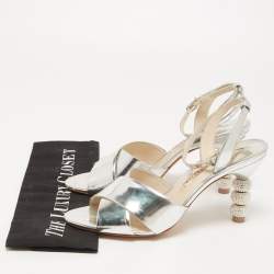 Sophia Webster Silver Leather Crystal Embellished Heel Ankle Strap Sandals Size 39