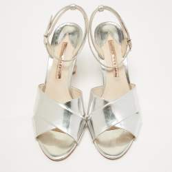 Sophia Webster Silver Leather Crystal Embellished Heel Ankle Strap Sandals Size 39