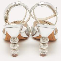 Sophia Webster Silver Leather Crystal Embellished Heel Ankle Strap Sandals Size 39