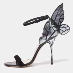 Sophia Webster Black Foil Leather and Suede Chiara  Butterfly Ankle Strap Sandals Size 38