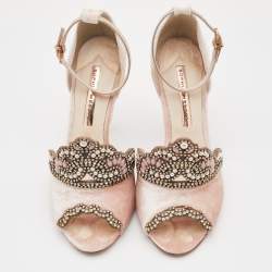 Pre Owned Sophia Webster Pink Velvet Royalty Crystal Heel Ankle Strap Sandals Size 38