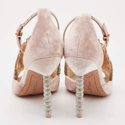 Pre Owned Sophia Webster Pink Velvet Royalty Crystal Heel Ankle Strap Sandals Size 38