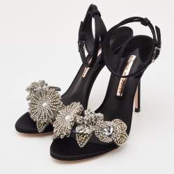 Pre Owned Sophia Webster Black Satin Lilico Floral Embellished Ankle Wrap Sandals Size 38