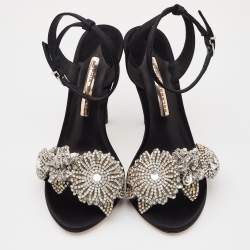 Pre Owned Sophia Webster Black Satin Lilico Floral Embellished Ankle Wrap Sandals Size 38
